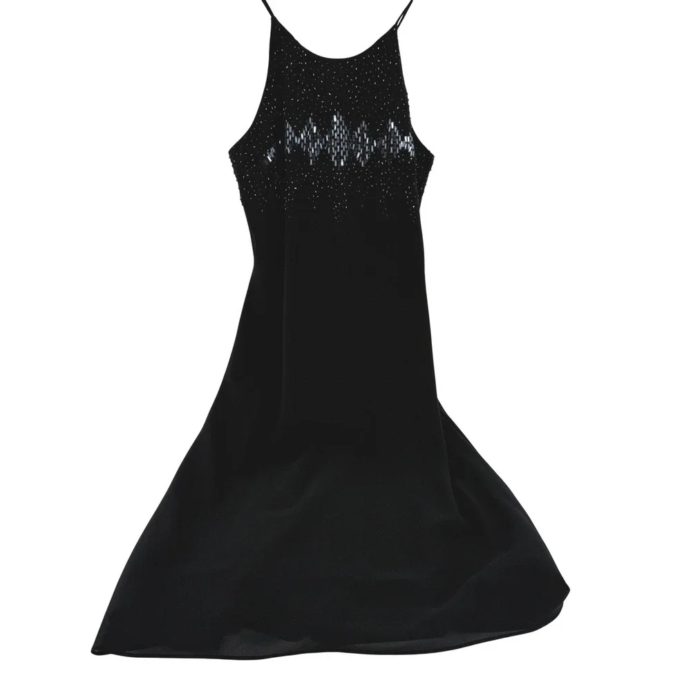 Cachet‎ Black Beaded Maxi Dress Silver Geometric Sequin Halter Gown Size 8
